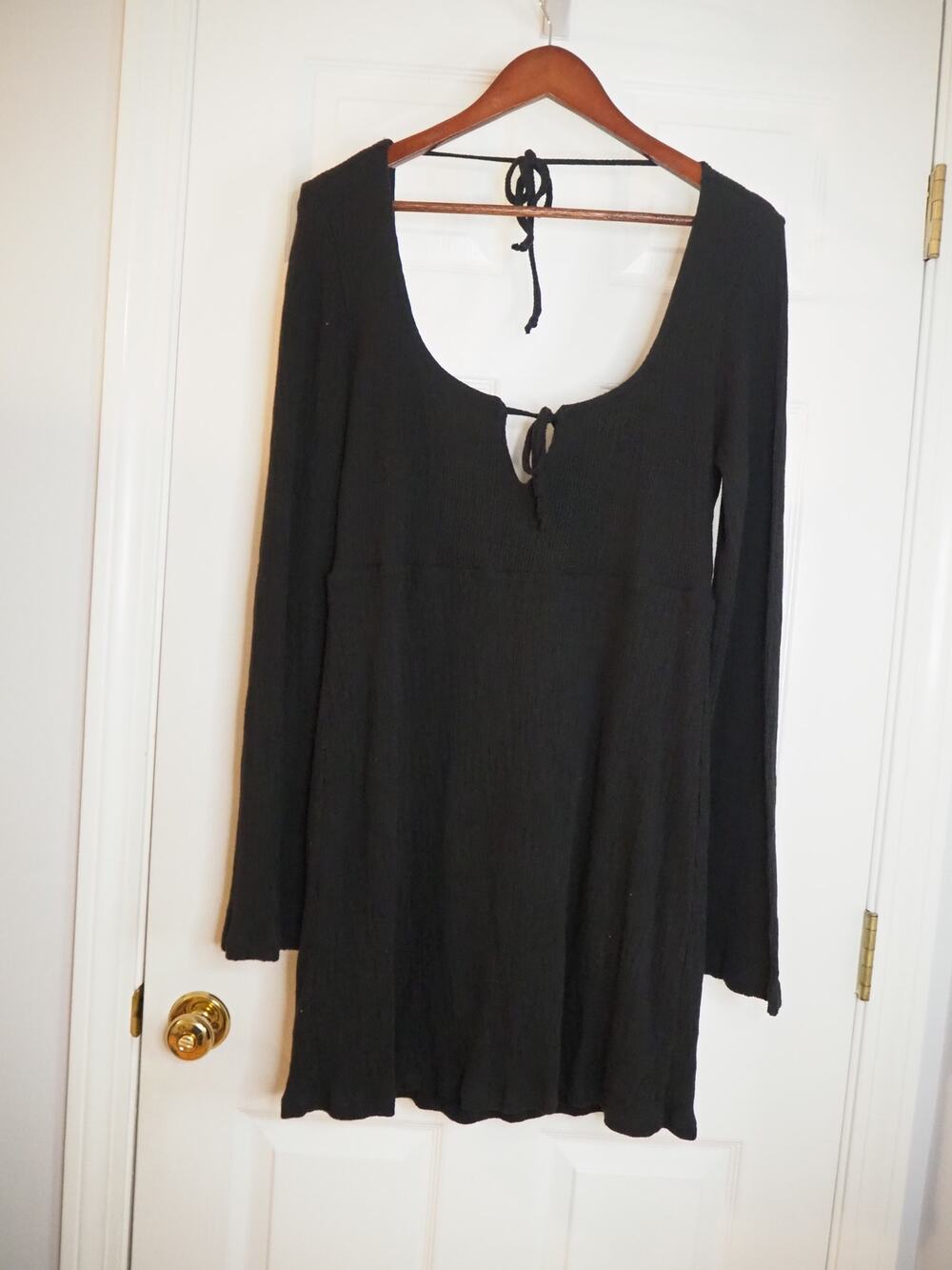 Free People FP Beach Brynne Black Ribbed Open Back Mini Dress Large Bell Sleeve